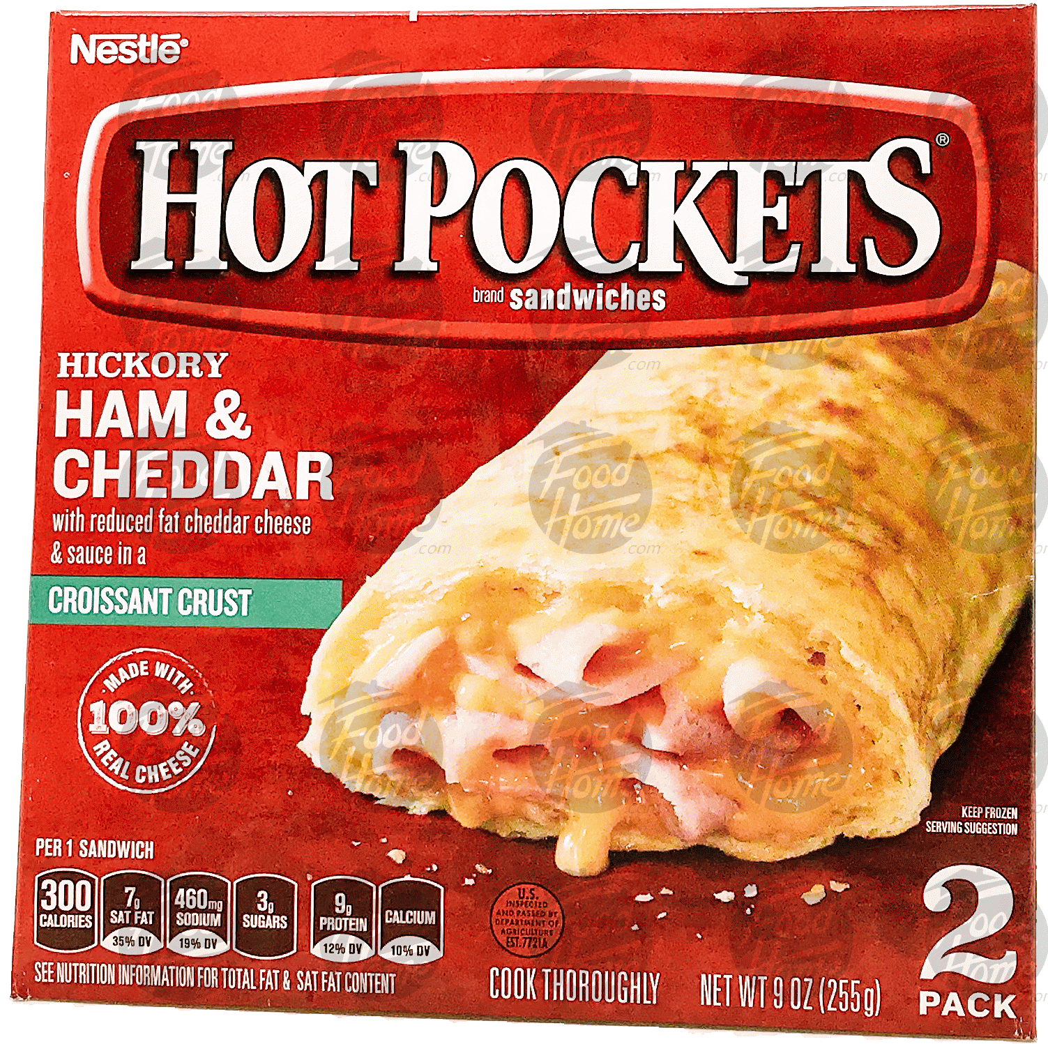 Nestle Hot Pockets hickory ham & cheddar with a reduced fat cheddar cheese & sauce in a croissant crust, 2 sandwiches Full-Size Picture